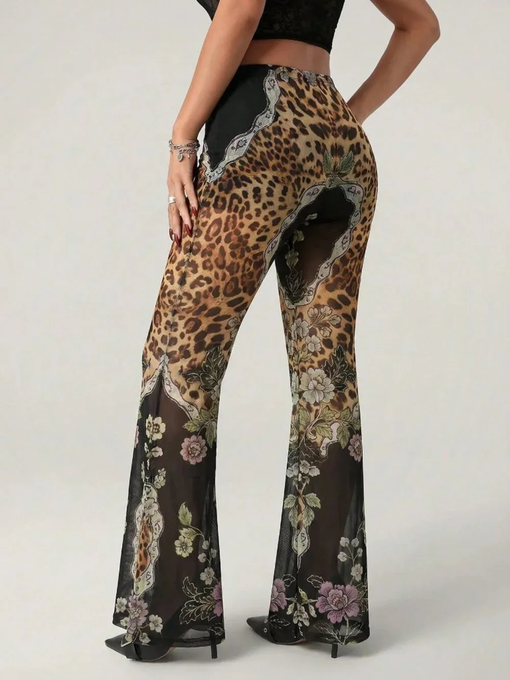 Brown Casual Women's Leopard Print Flared Leg Pants